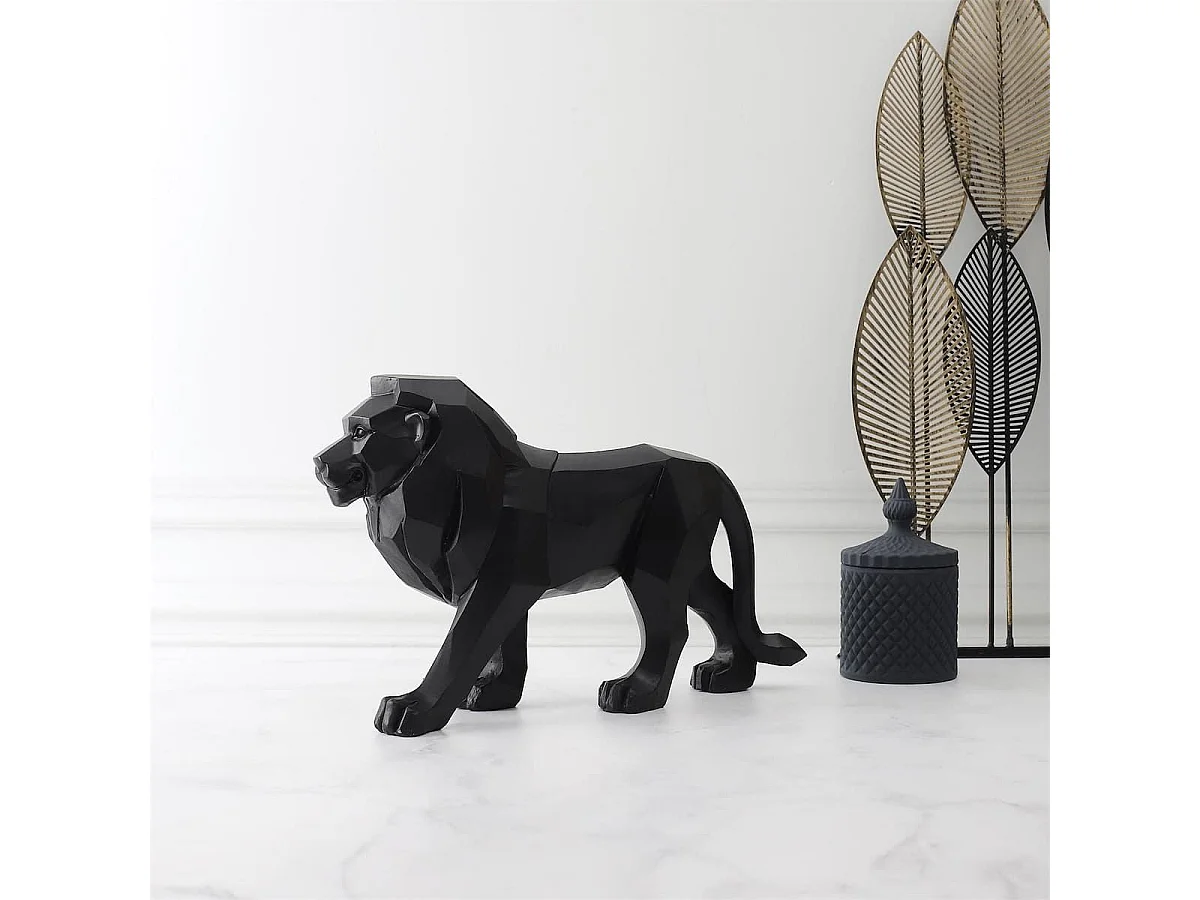 Statue lion noir style origami en polyrésine (L33 cm)