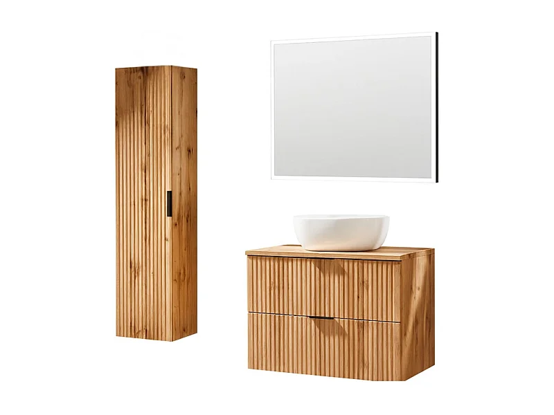Ensemble de salle de bain NOXERA 80 cm – Chêne wotan – Meuble sous vasque avec vasque, miroir LED et colonne suspendue