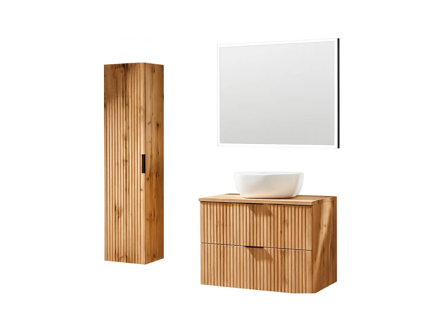 Ensemble de salle de bain NOXERA 80 cm – Chêne wotan – Meuble sous vasque avec vasque, miroir LED et colonne suspendue