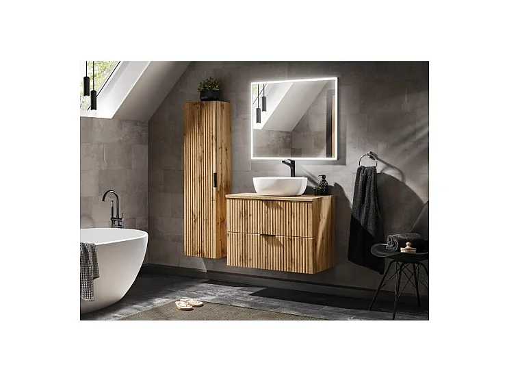 Ensemble de salle de bain NOXERA 80 cm – Chêne wotan – Meuble sous vasque avec vasque, miroir LED et colonne suspendue