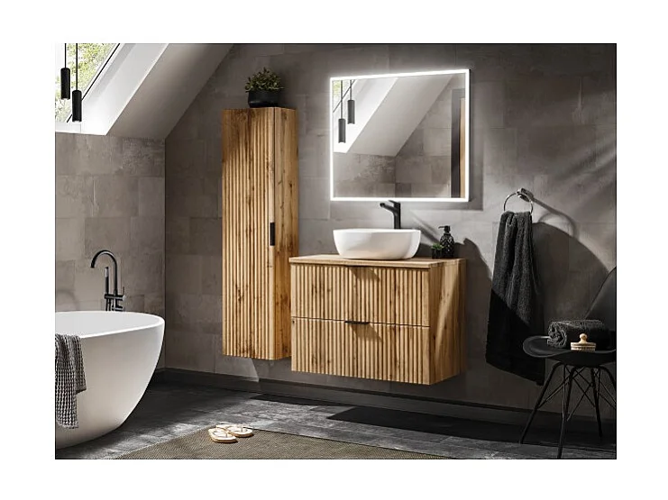 Ensemble de salle de bain NOXERA 80 cm – Chêne wotan – Meuble sous vasque avec vasque, miroir LED et colonne suspendue