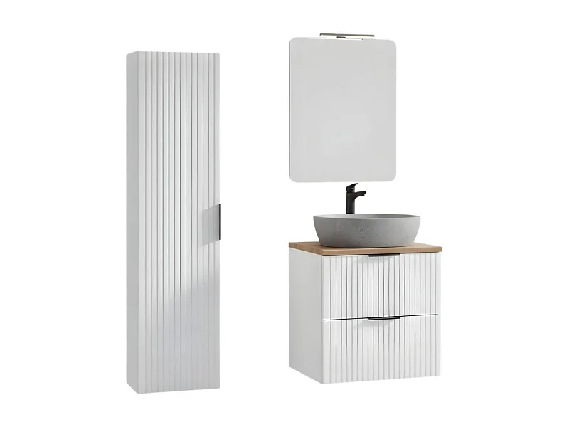 Ensemble de salle de bain NOXERA 60 cm – Blanc mat et chêne wotan avec vasque imitation marbre, miroir LED et colonne suspendue