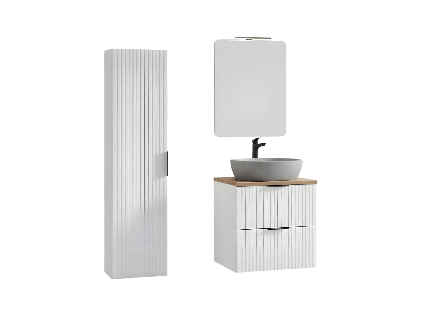 Ensemble de salle de bain NOXERA 60 cm – Blanc mat et chêne wotan avec vasque imitation marbre, miroir LED et colonne suspendue