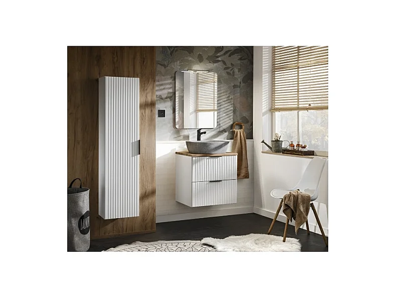 Ensemble de salle de bain NOXERA 60 cm – Blanc mat et chêne wotan avec vasque imitation marbre, miroir LED et colonne suspendue