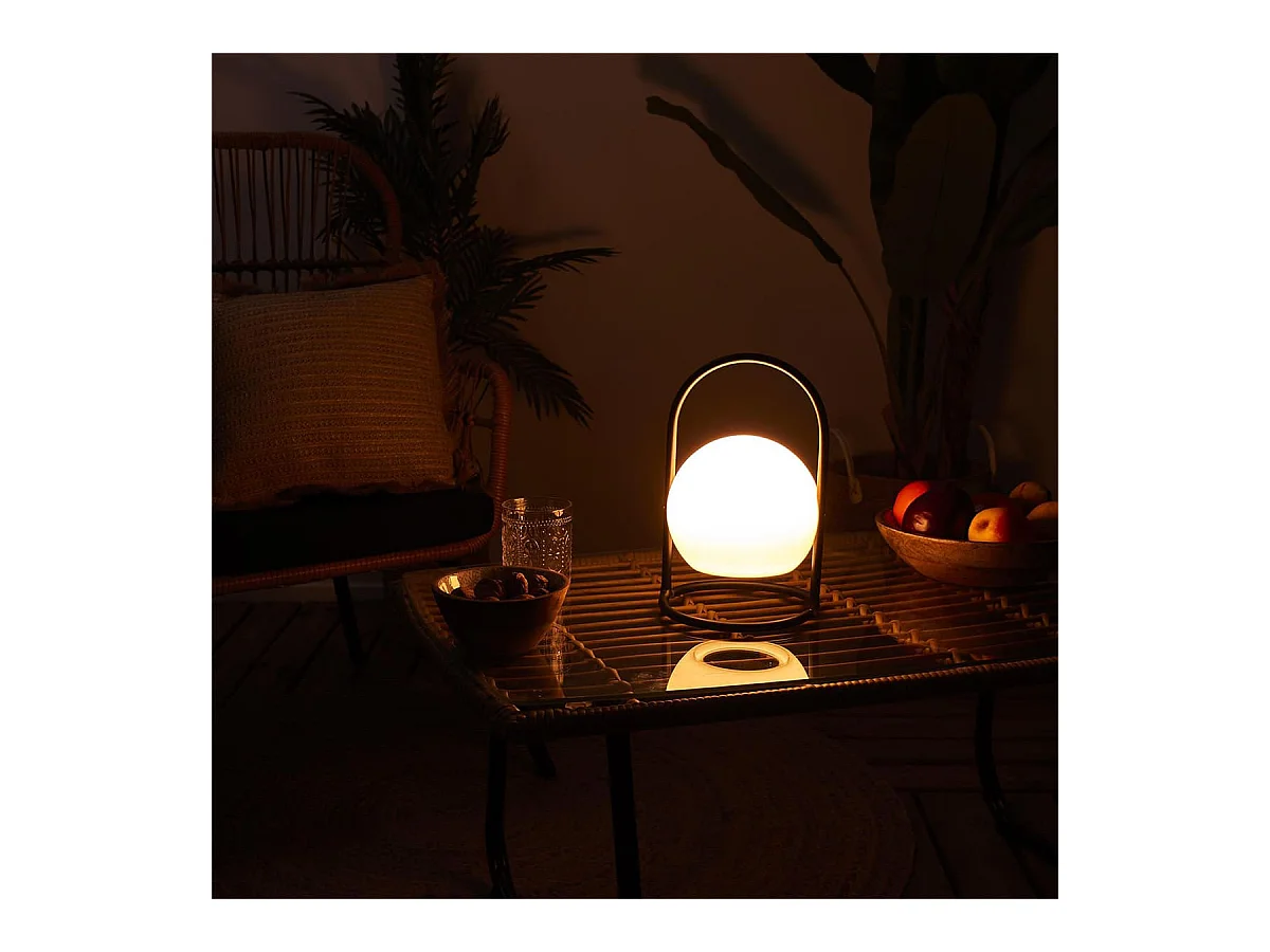 Lampe LED Boule Blanche Intérieur/Extérieur Poignée Socle Métal Noir - SANTORIN