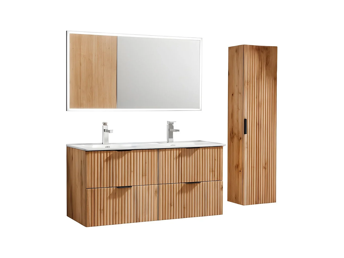 Ensemble de salle de bain NOXERA 120 cm – Chêne wotan – Double vasque, colonne suspendue et miroir LED