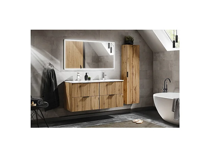 Ensemble de salle de bain NOXERA 120 cm – Chêne wotan – Double vasque, colonne suspendue et miroir LED
