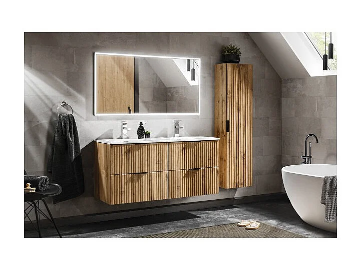 Ensemble de salle de bain NOXERA 120 cm – Chêne wotan – Double vasque, colonne suspendue et miroir LED