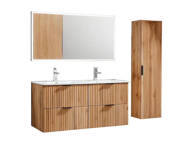 Ensemble de salle de bain NOXERA 120 cm – Chêne wotan – Double vasque, colonne suspendue et miroir LED