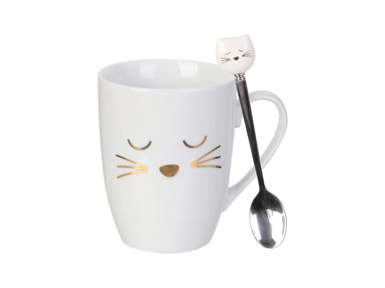 Mug chat 35cl en céramique blanc avec cuillère en inox