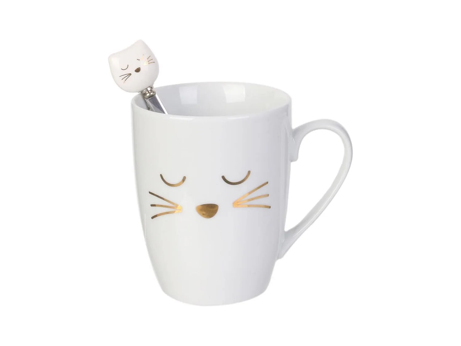 Mug chat 35cl en céramique blanc avec cuillère en inox