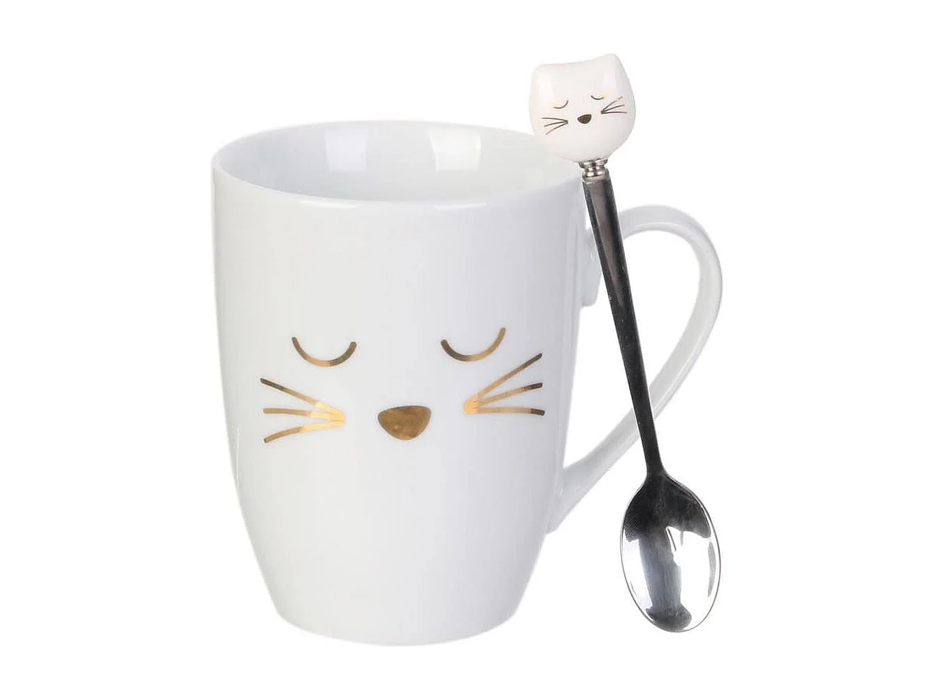 Mug chat 35cl en céramique blanc avec cuillère en inox
