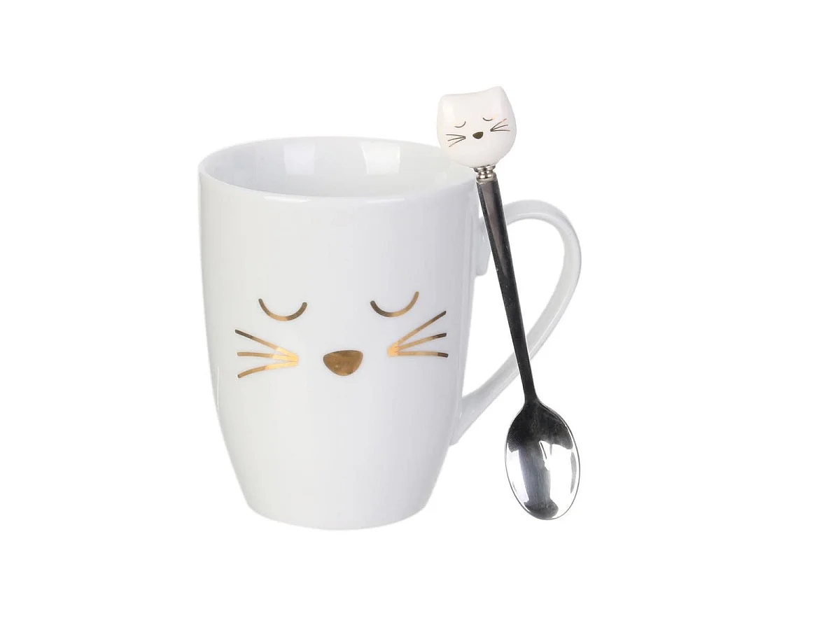 Mug chat 35cl en céramique blanc avec cuillère en inox