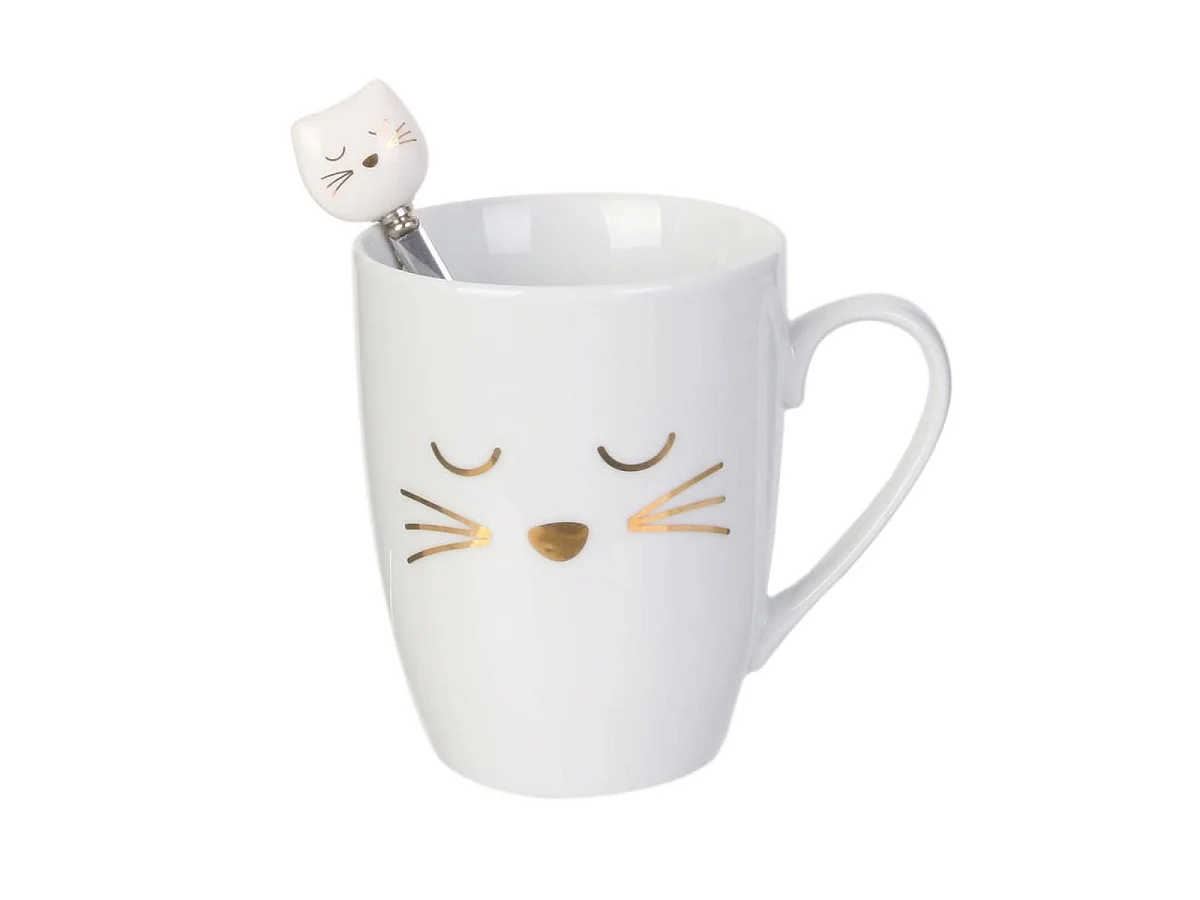 Mug chat 35cl en céramique blanc avec cuillère en inox