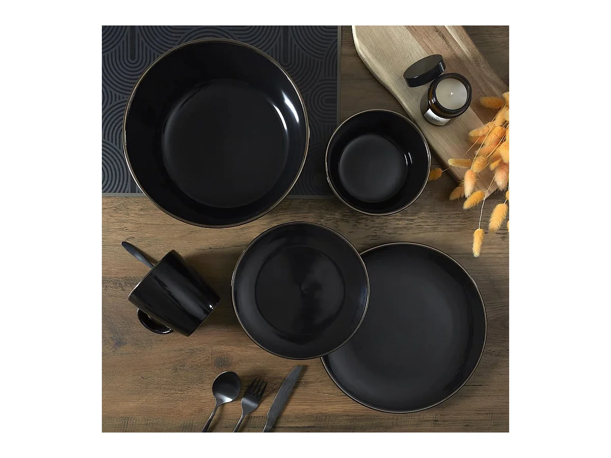 Set de 6 mugs noires en céramique avec liseré doré (Ø9,4 cm) - EBENE