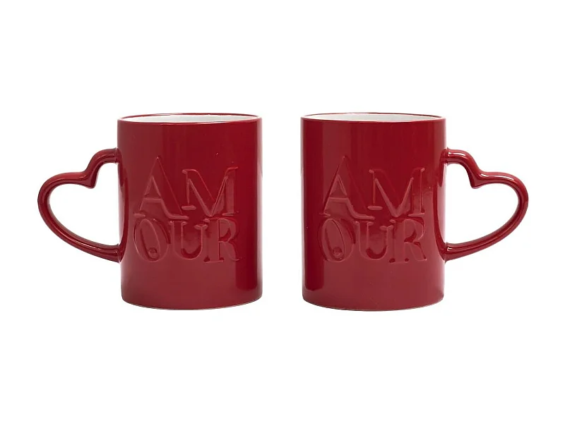 Set de 2 mugs rouges en céramique avec inscription "Amour" (30 cl)