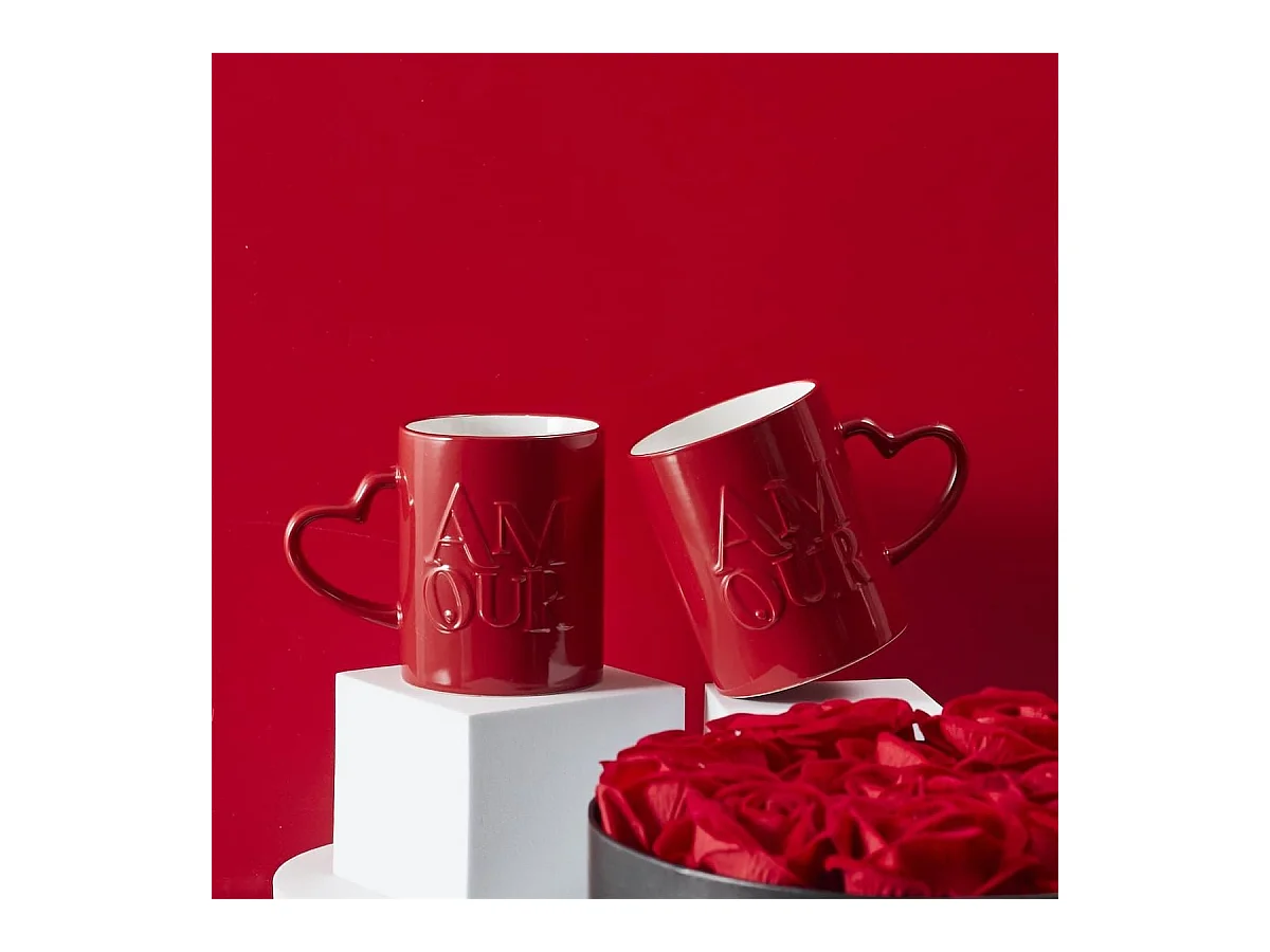 Set de 2 mugs rouges en céramique avec inscription "Amour" (30 cl)