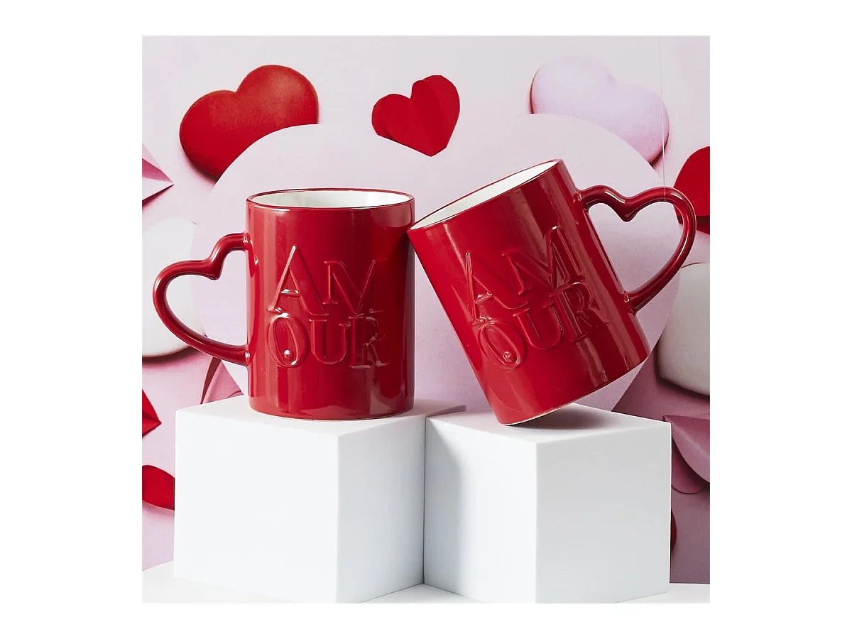 Set de 2 mugs rouges en céramique avec inscription "Amour" (30 cl)