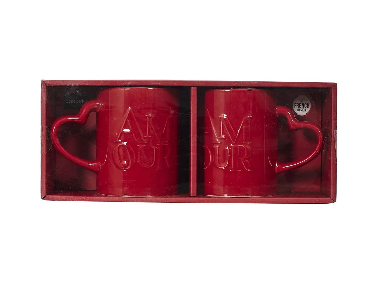 Set de 2 mugs rouges en céramique avec inscription "Amour" (30 cl)