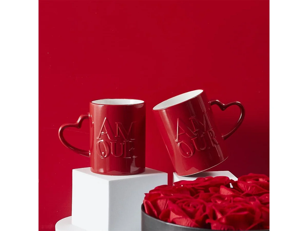Set de 2 mugs rouges en céramique avec inscription "Amour" (30 cl)