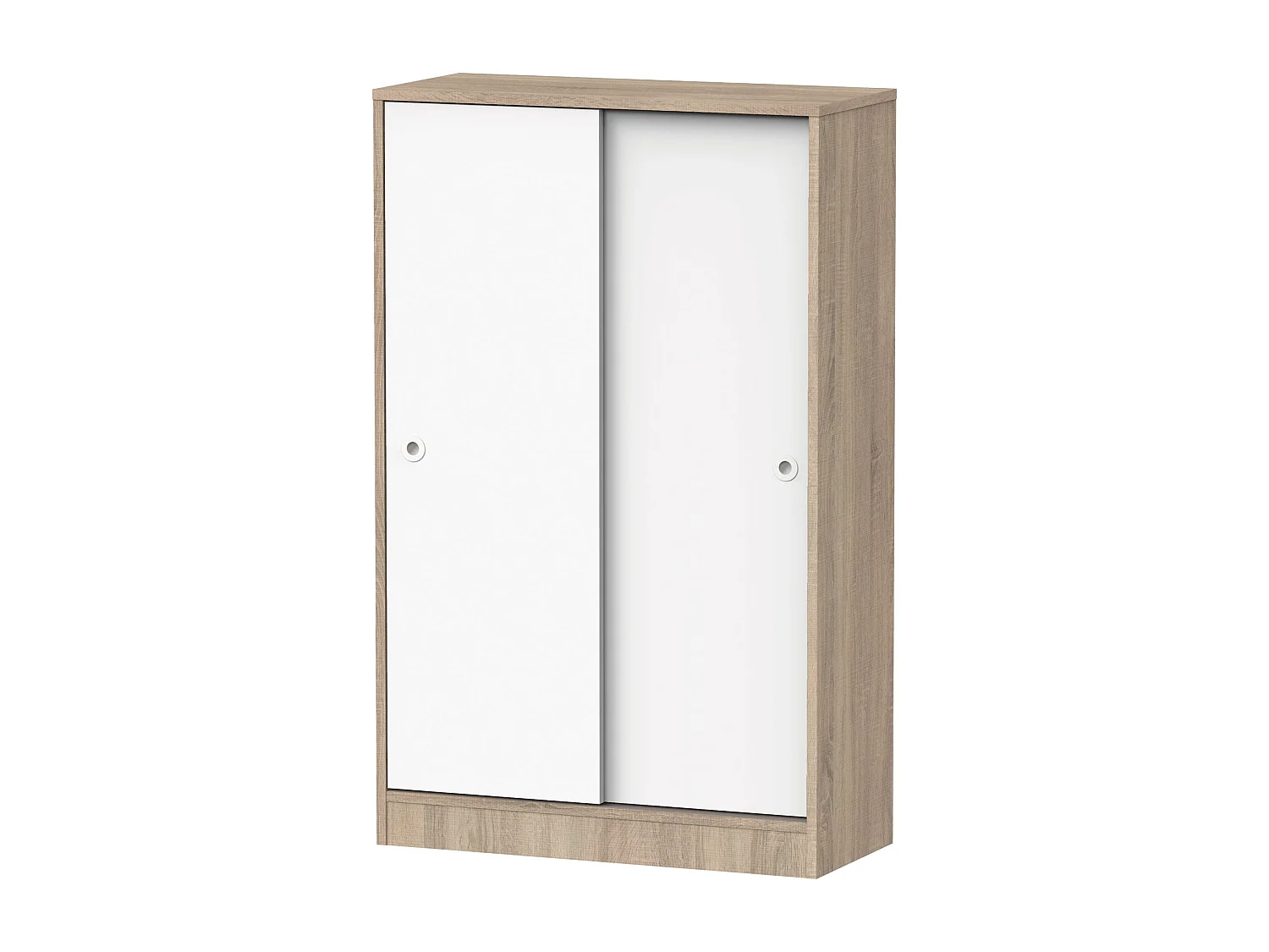 Armoire auxiliaire meuble multi-usages basse à 2 portes coulissantes coloris Blanc et Chêne cambrien - Longueur 74 x Profondeur 33 x Hauteur 120 cm