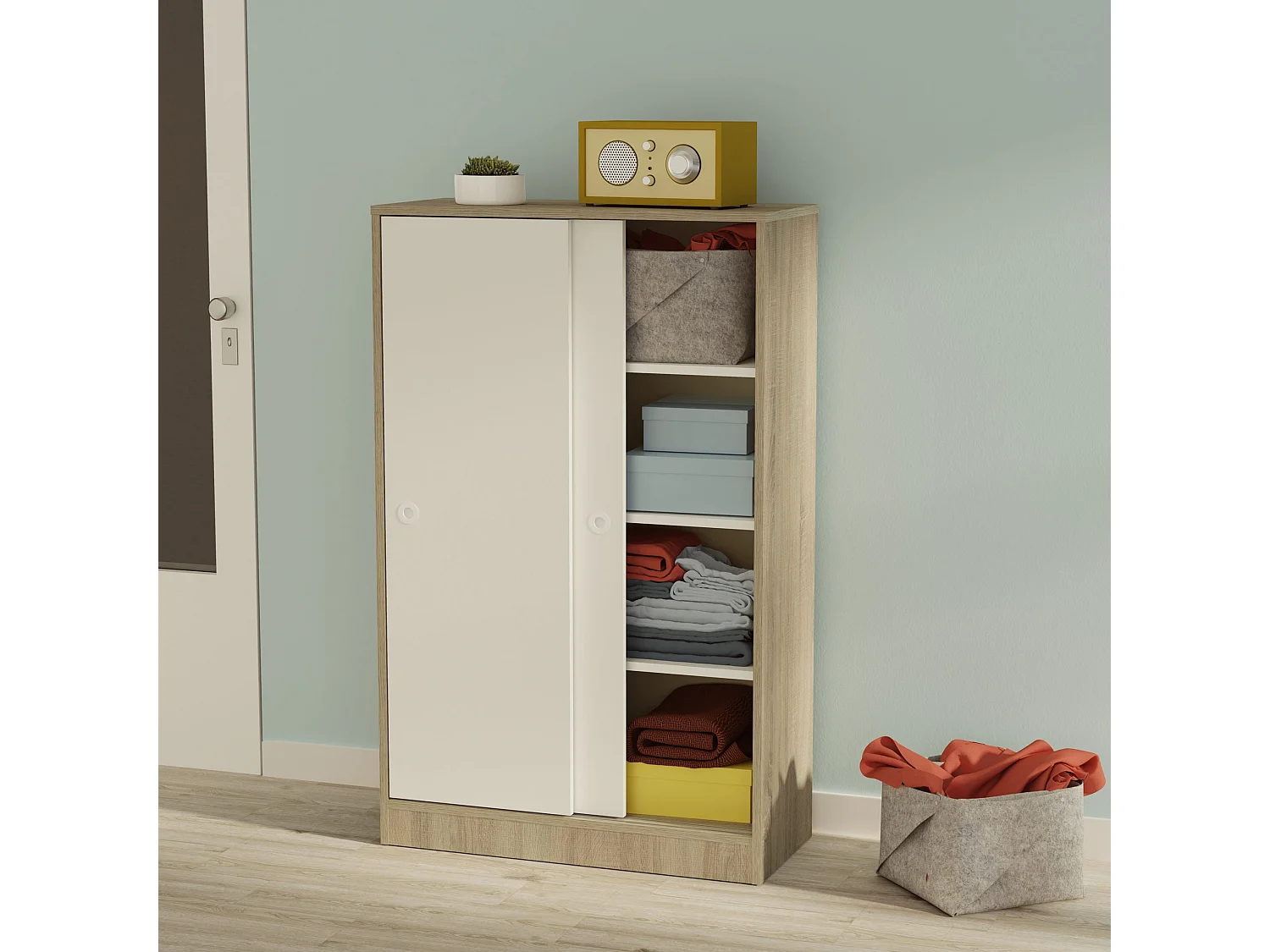 Armoire auxiliaire meuble multi-usages basse à 2 portes coulissantes coloris Blanc et Chêne cambrien - Longueur 74 x Profondeur 33 x Hauteur 120 cm