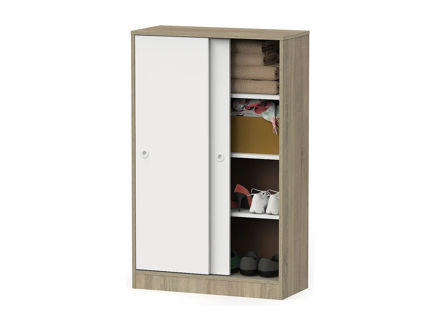 Armoire auxiliaire meuble multi-usages basse à 2 portes coulissantes coloris Blanc et Chêne cambrien - Longueur 74 x Profondeur 33 x Hauteur 120 cm