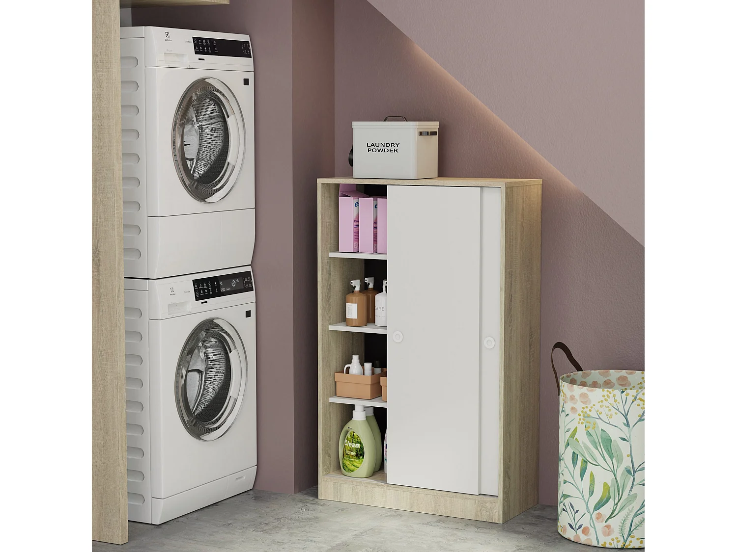 Armoire auxiliaire meuble multi-usages basse à 2 portes coulissantes coloris Blanc et Chêne cambrien - Longueur 74 x Profondeur 33 x Hauteur 120 cm
