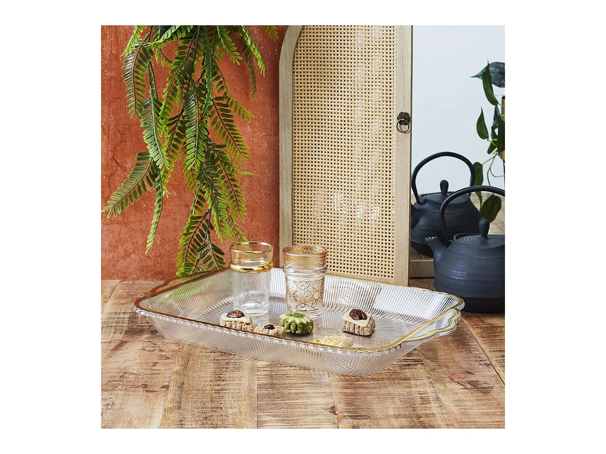 Set de 2 plats rectangulaire en plastique transparent texturé avec contour doré (L41 cm)