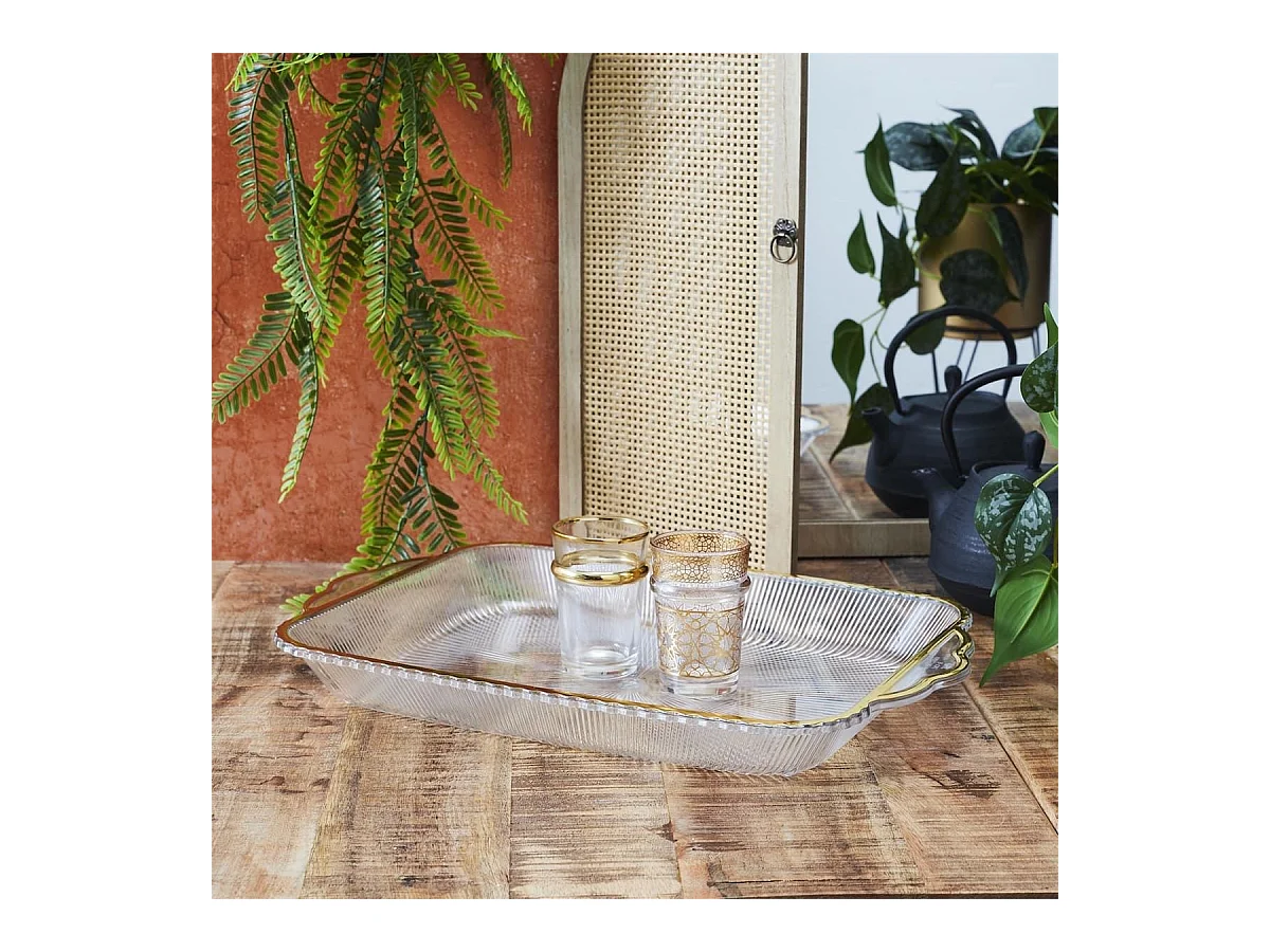 Set de 2 plats rectangulaire en plastique transparent texturé avec contour doré (L41 cm)