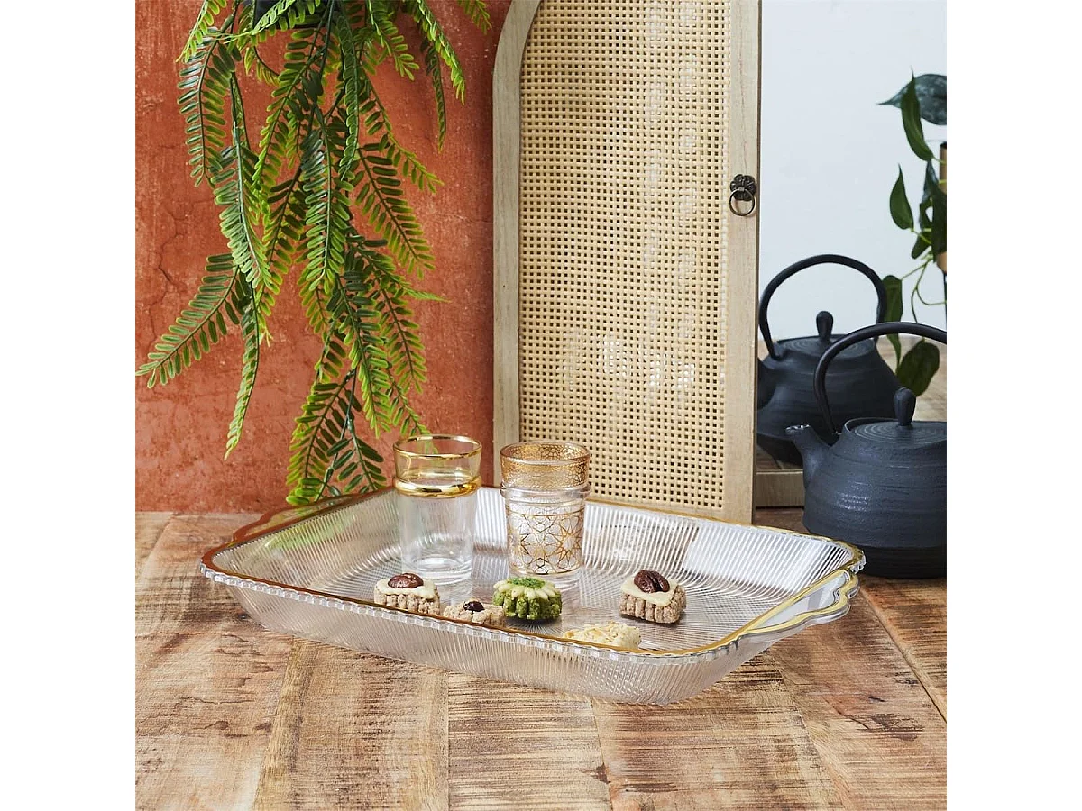 Set de 2 plats rectangulaire en plastique transparent texturé avec contour doré (L41 cm)