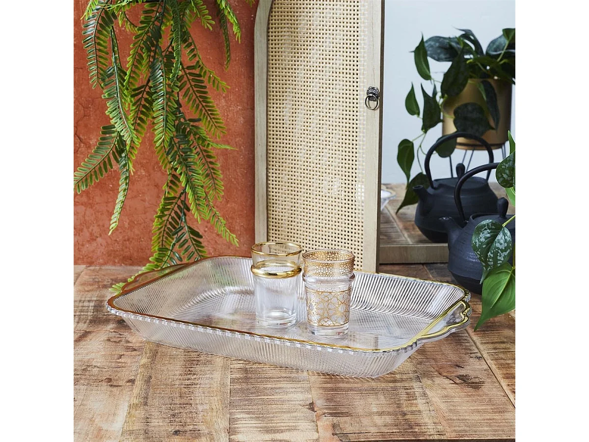 Set de 2 plats rectangulaire en plastique transparent texturé avec contour doré (L41 cm)