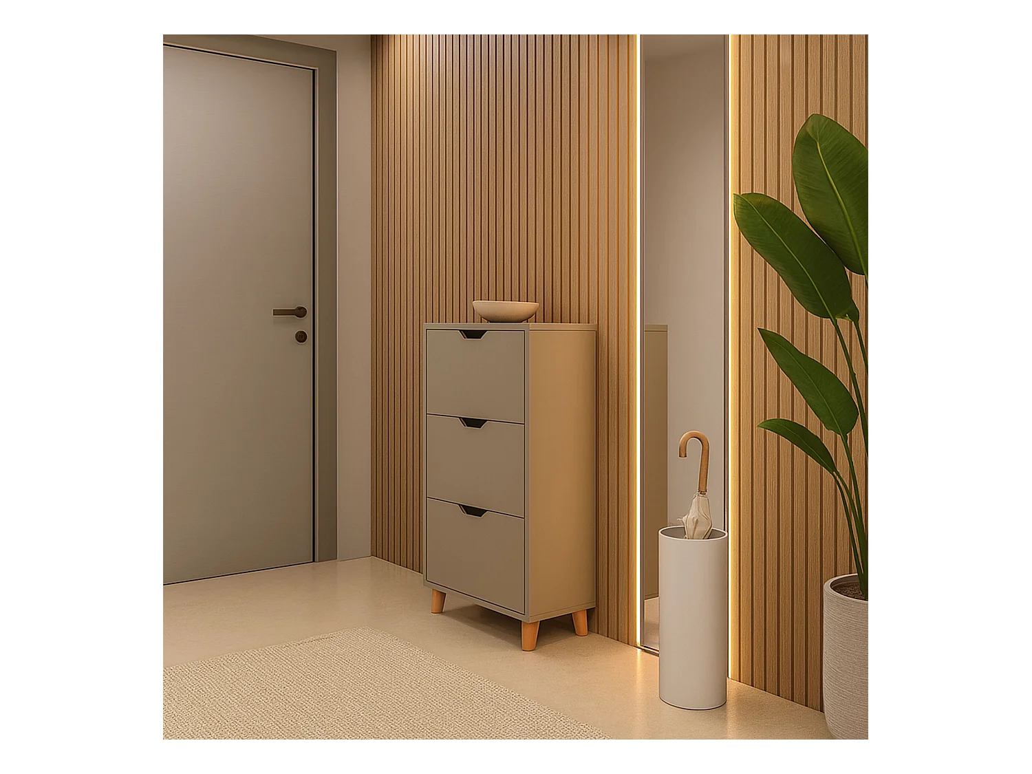 Plana - Sapateira economizadora de espaço 3 portas 55x116x25 cm 18 pares em madeira taupe