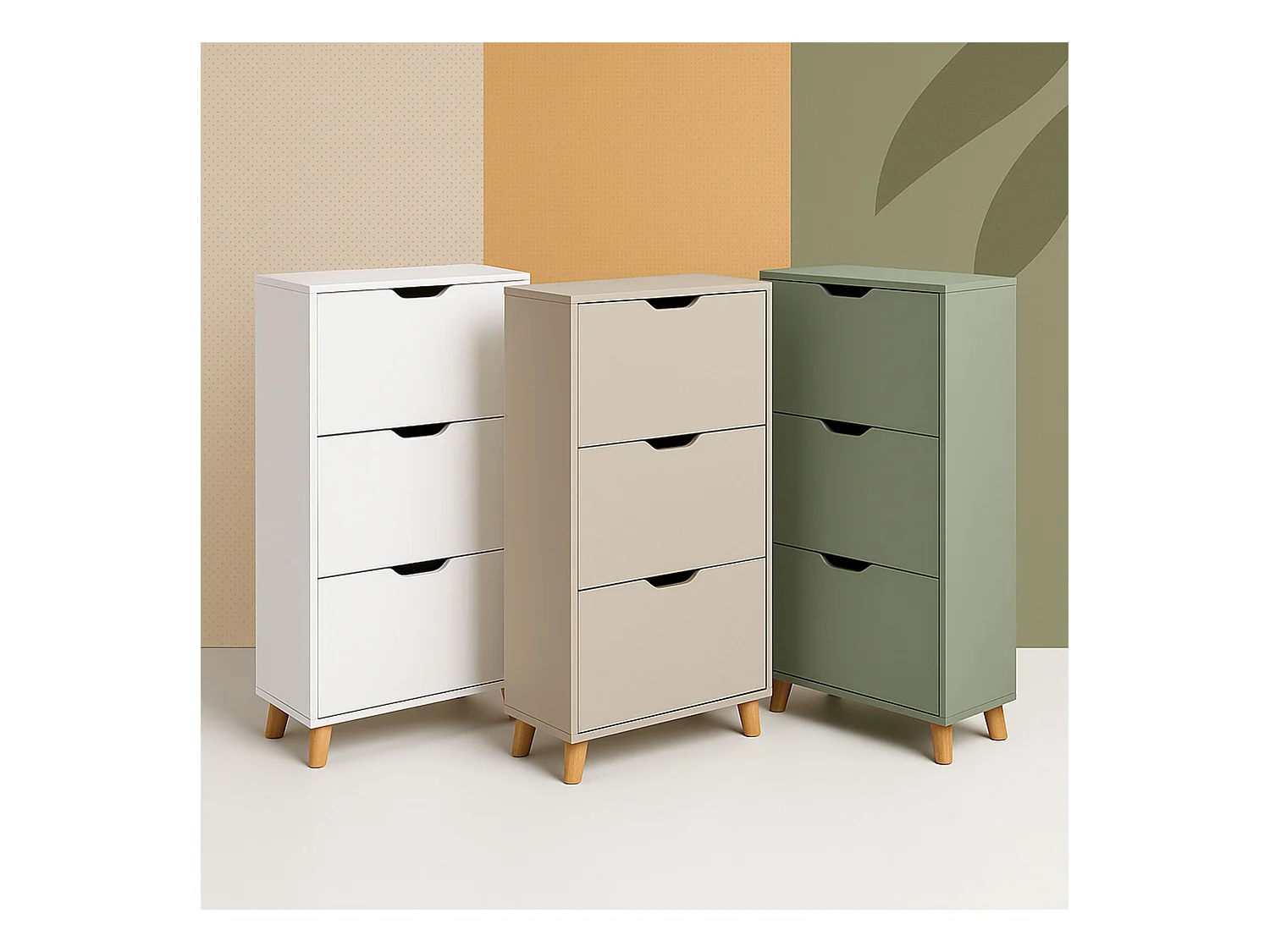 Plana - Sapateira economizadora de espaço 3 portas 55x116x25 cm 18 pares em madeira taupe