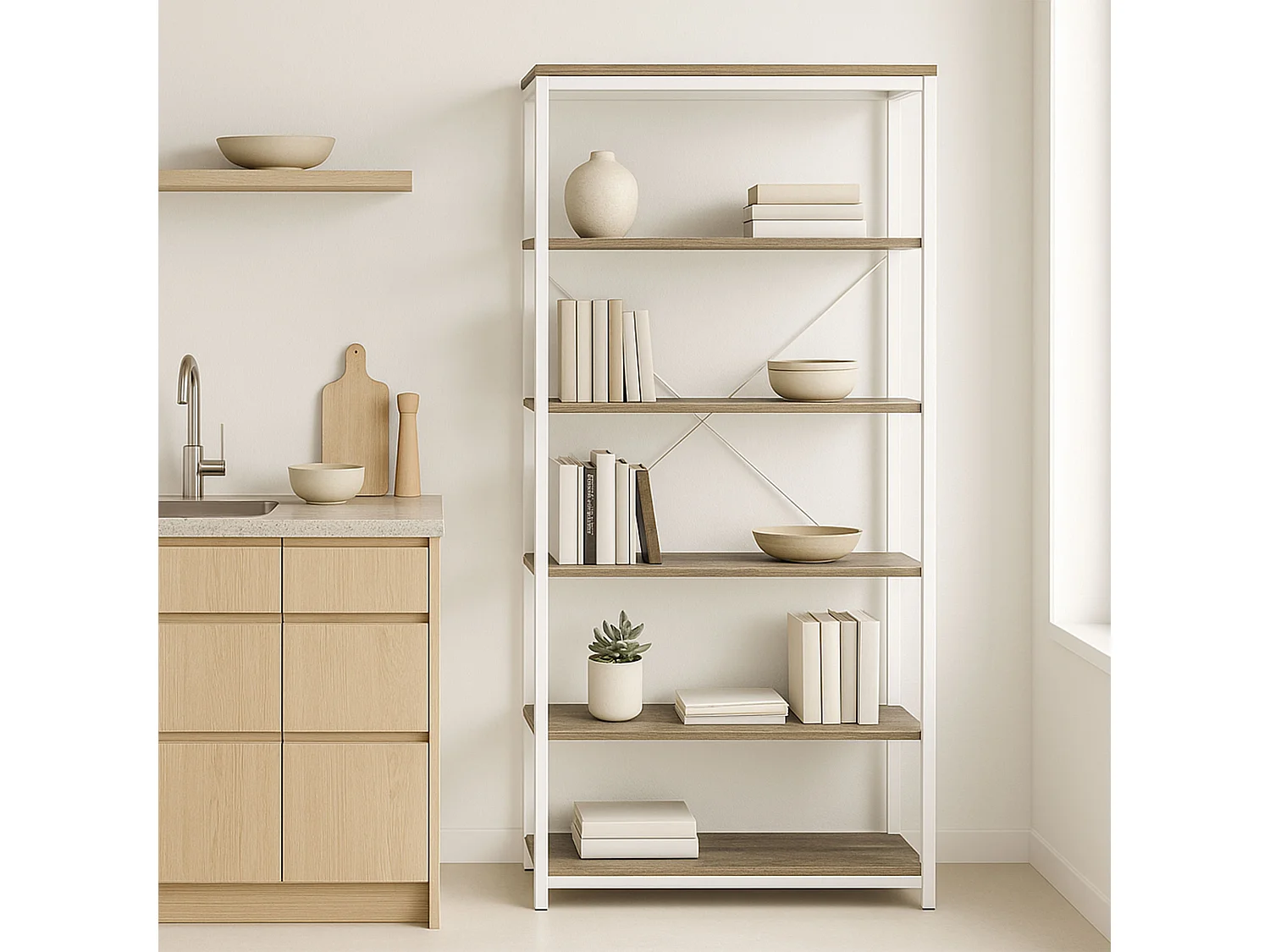 Ganbaru - Librería estantería 6 niveles 80x30xH180 cm estilo industrial oak