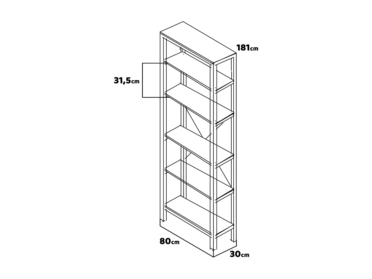 Ganbaru - Libreria scaffale a 6 ripiani 80x30xH180 cm in stile industriale