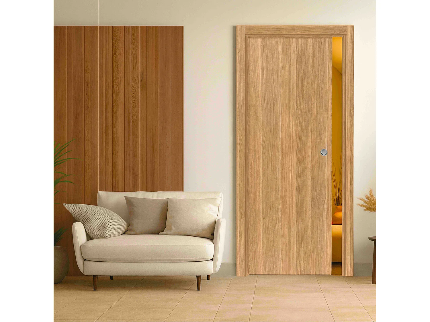 Porte coulissante cloison Matild, H.204 x l.73 cm, sans serrure, finition chêne brut structuré
