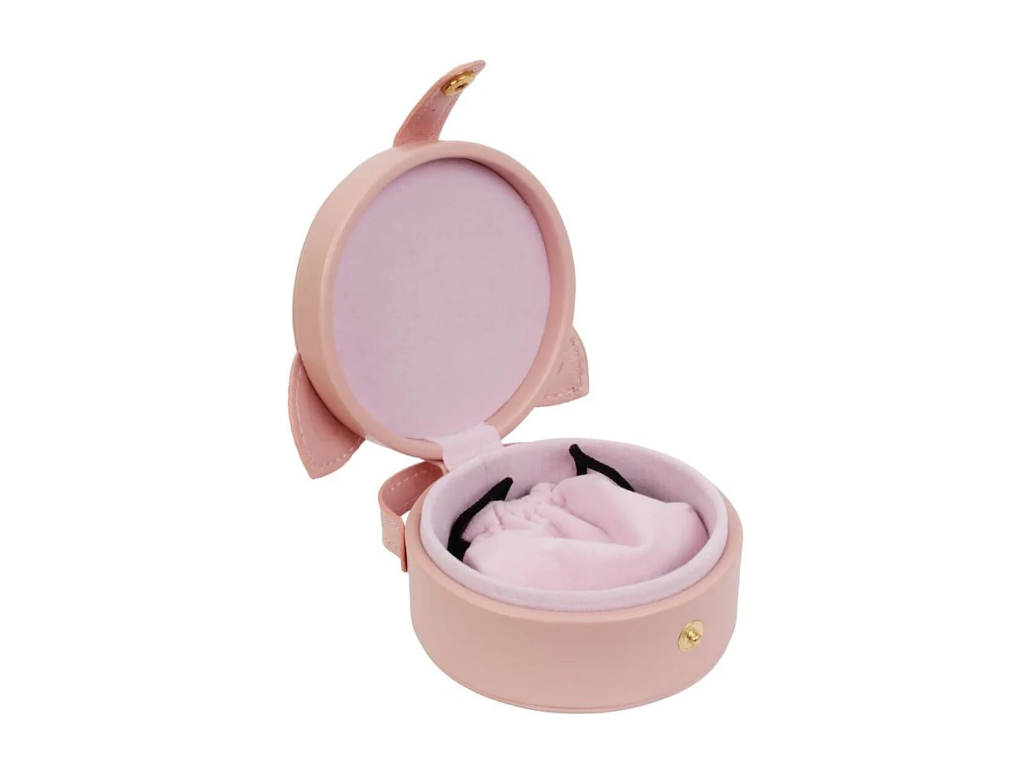 Boîte à bijoux en forme de chat rose en polyuréthane avec son pochon en polyester