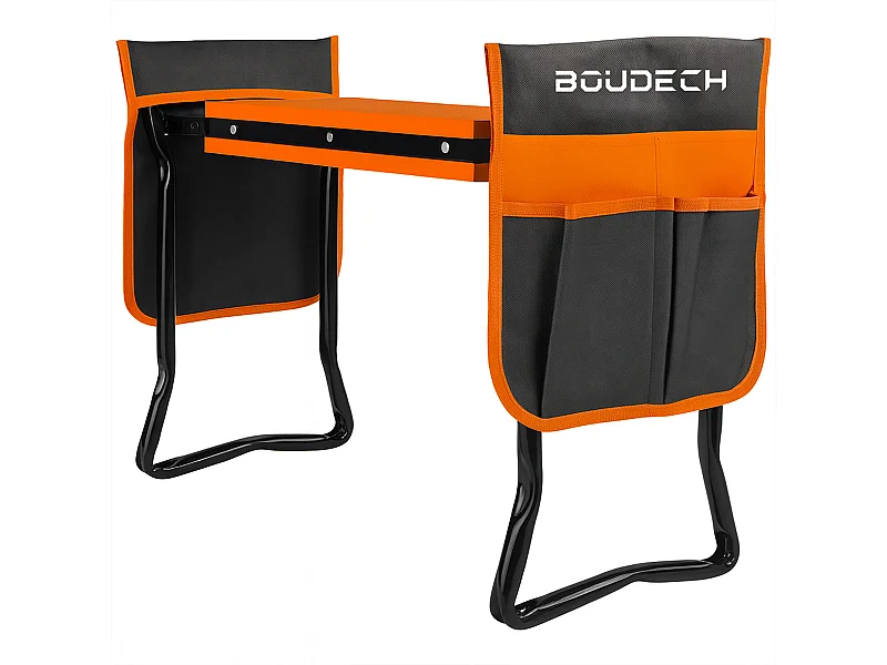 Ergogard - Taburete arrodillador multifuncional 2 en 1 para jardinería con bolsa portaherramientas negro y naranja