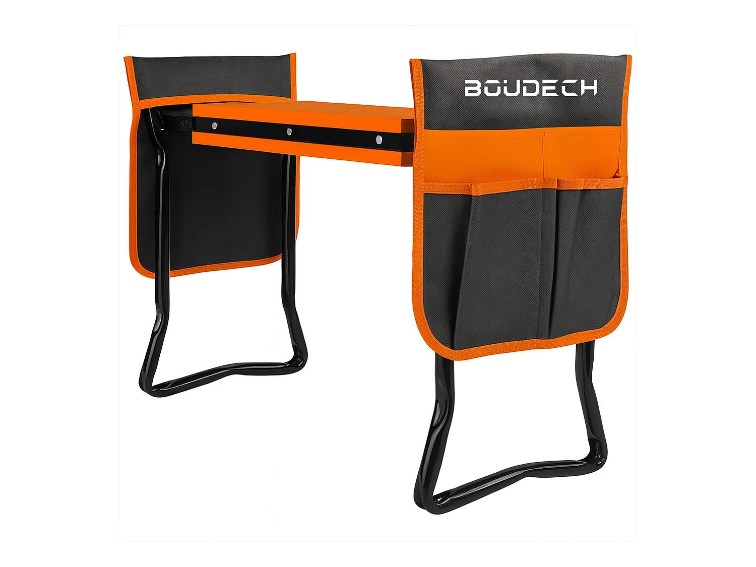 Ergogard - Taburete arrodillador multifuncional 2 en 1 para jardinería con bolsa portaherramientas negro y naranja