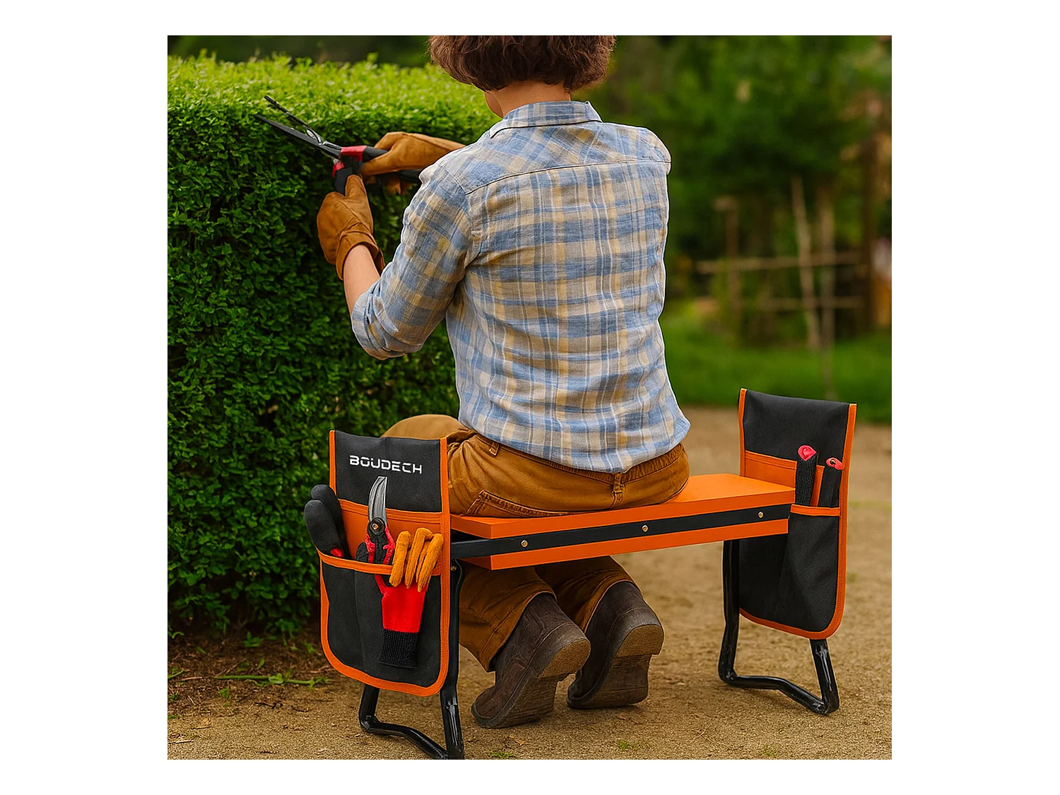 Ergogard - Taburete arrodillador multifuncional 2 en 1 para jardinería con bolsa portaherramientas negro y naranja