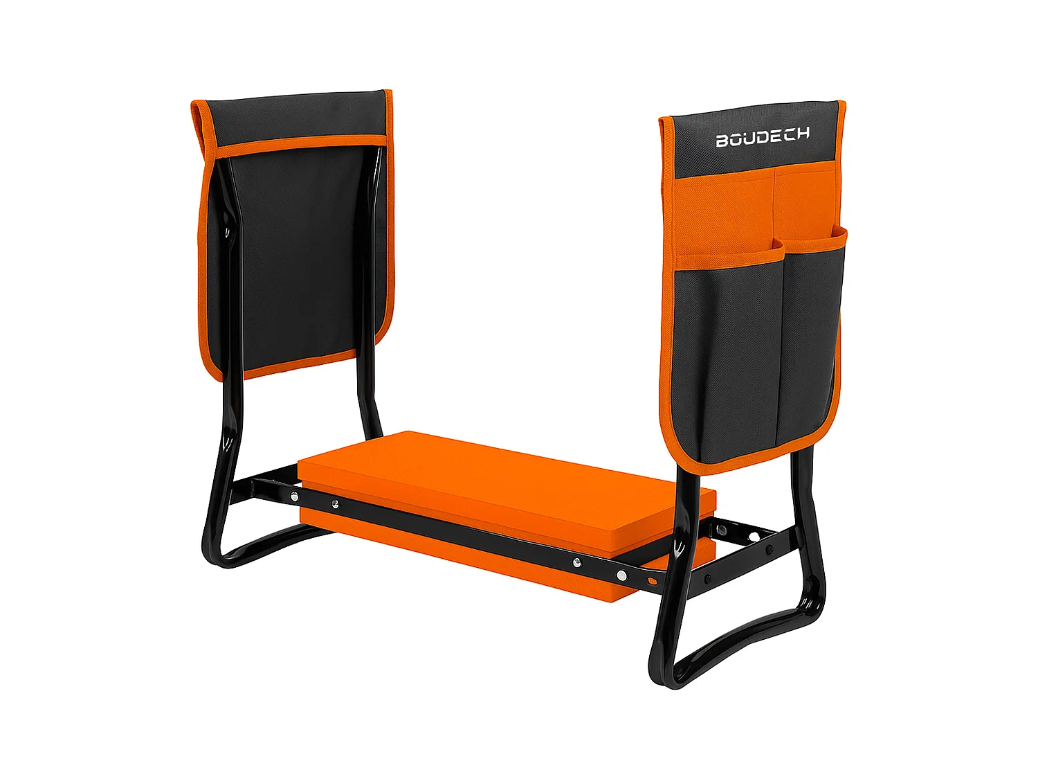 Ergogard - Taburete arrodillador multifuncional 2 en 1 para jardinería con bolsa portaherramientas negro y naranja