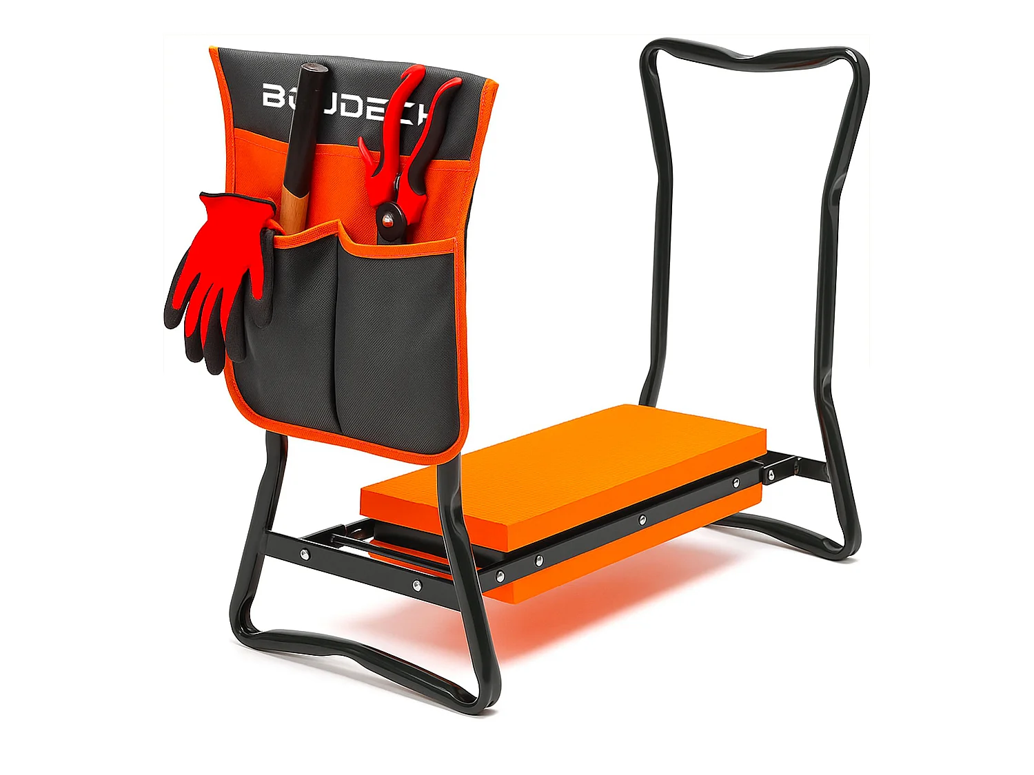 Ergogard - Taburete arrodillador multifuncional 2 en 1 para jardinería con bolsa portaherramientas negro y naranja