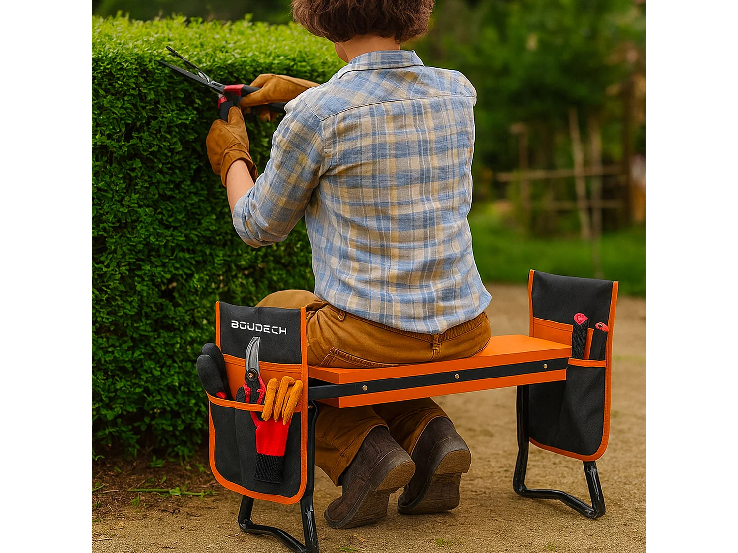 Ergogard - Taburete arrodillador multifuncional 2 en 1 para jardinería con bolsa portaherramientas negro y naranja