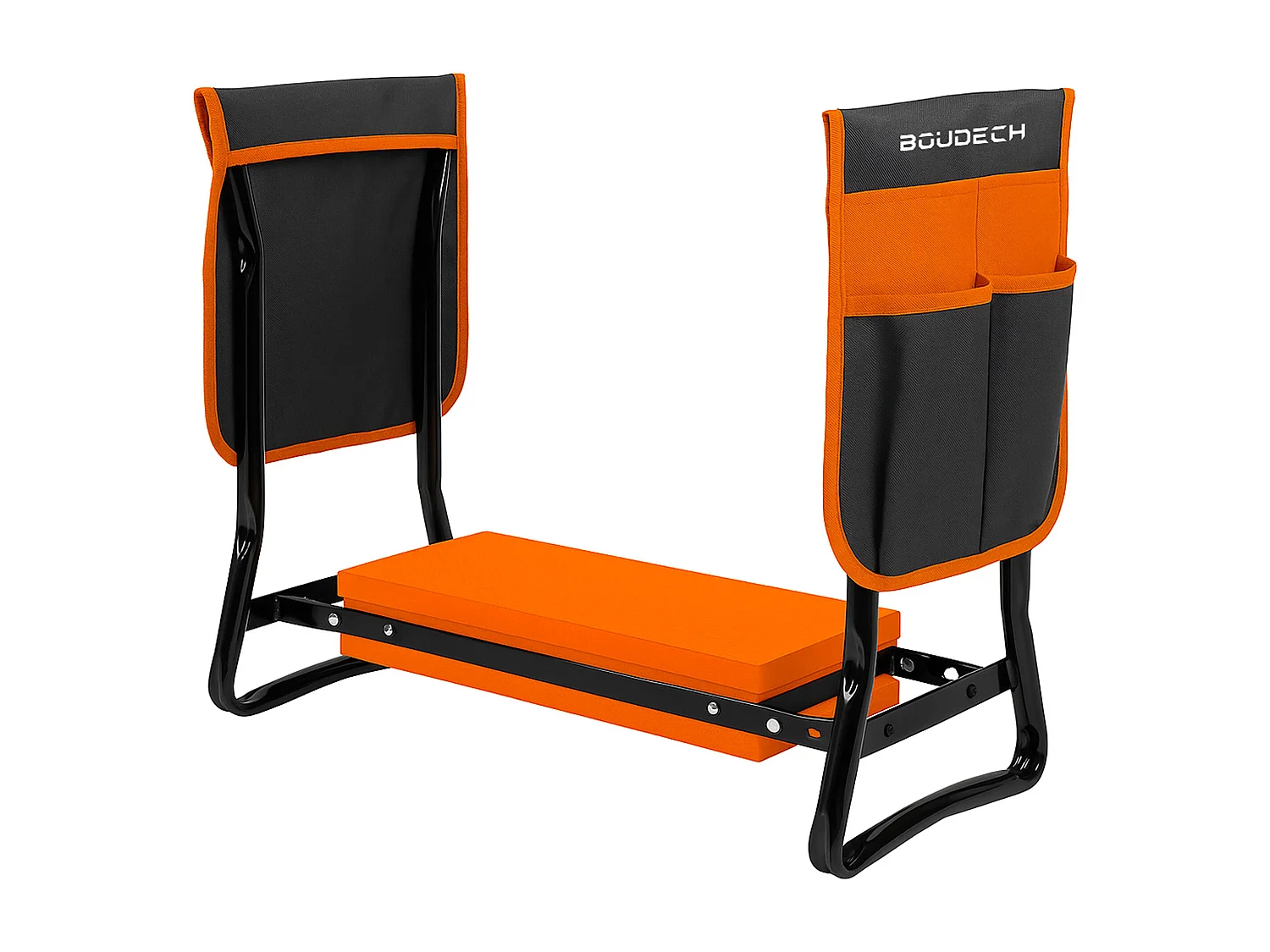 Ergogard - Taburete arrodillador multifuncional 2 en 1 para jardinería con bolsa portaherramientas negro y naranja