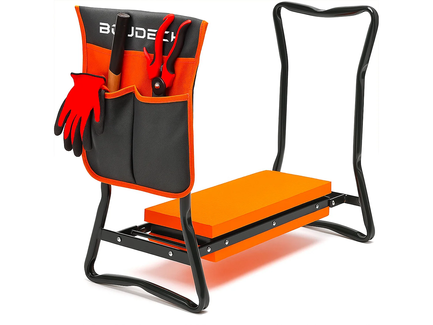 Ergogard - Taburete arrodillador multifuncional 2 en 1 para jardinería con bolsa portaherramientas negro y naranja
