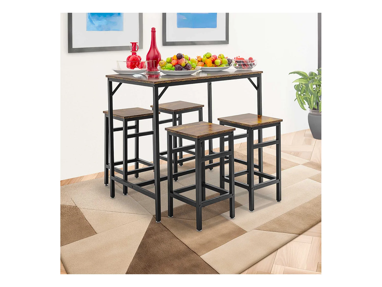 Sabi - Tavolo bar con 4 sgabelli quadrati in stile industriale, set angolo breakfast