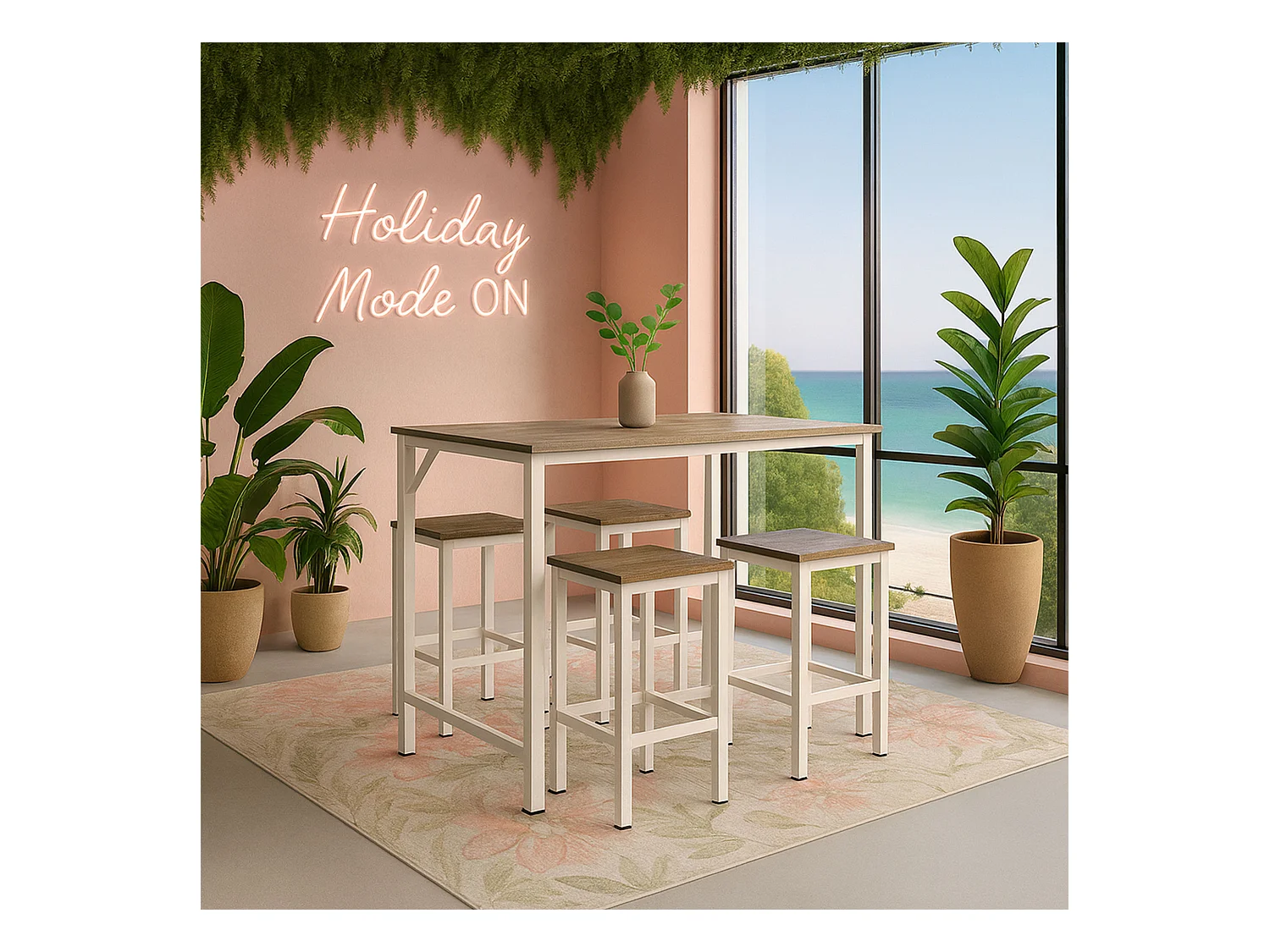 Sabi - Tavolo bar con 4 sgabelli quadrati in stile industrial oak, set angolo breakfast