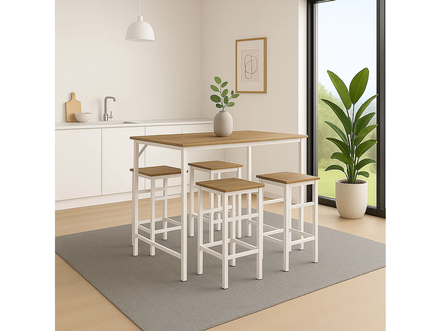 Sabi - Tavolo bar con 4 sgabelli quadrati in stile industrial oak, set angolo breakfast