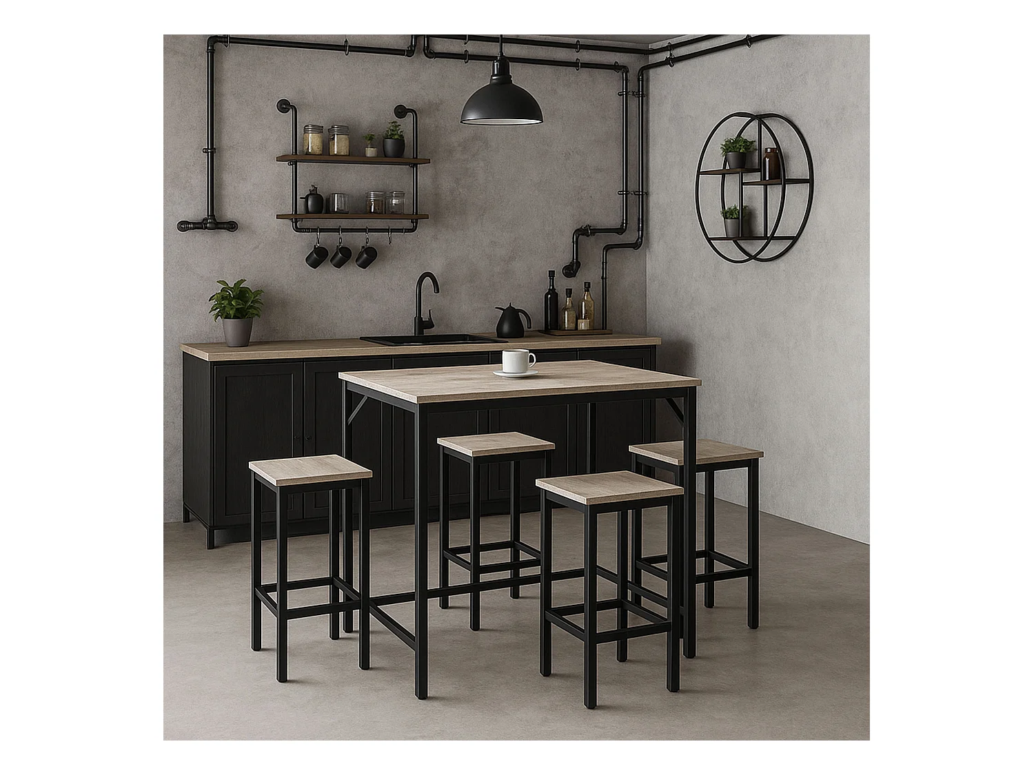 Sabi - Tavolo bar con 4 sgabelli quadrati in stile industrial bleach, set angolo breakfast